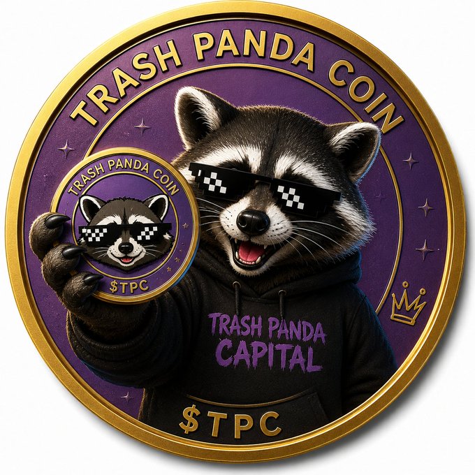 The image features a circular coin with a cartoon raccoon wearing sunglasses, holding up a gold coin that says "Trash Panda Capital" on it. The caption below the coin reads "Trash Panda Capital #solana #meme". This post is about a coin called Trash Panda Capital and encourages people to join in by sharing the image or reposting it with the hashtag #trashpandacapital.