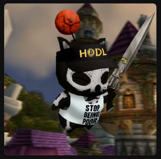 A pixelated skeleton panda wearing a "HODL" Bitcoin cap and a "STOP BEING POOR" shirt wields a large knife in a fantasy landscape.