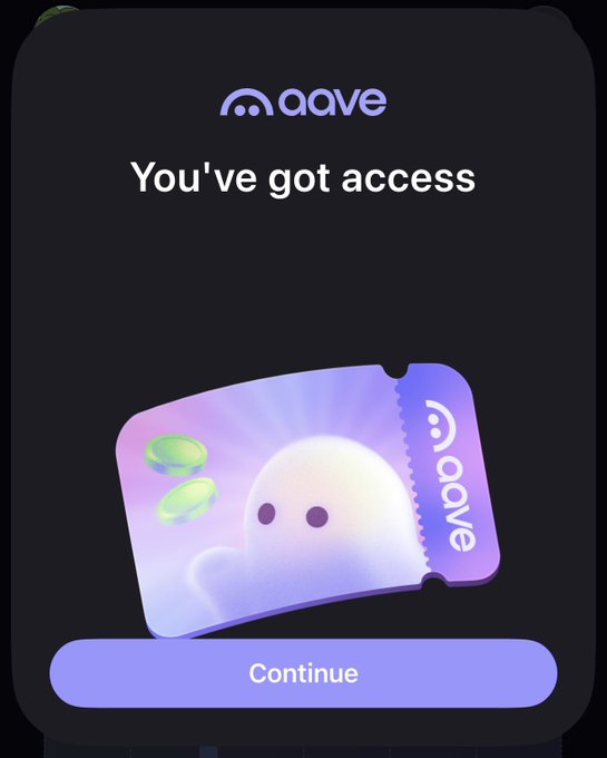 A screenshot shows an Aave confirmation screen displaying the "aave" logo, the message "You've got access," a holographic ticket/pass featuring a cute ghost character with "aave" on its stub, and a purple "Continue" button—confirming the user has successfully received their Aave Ghost Pass.