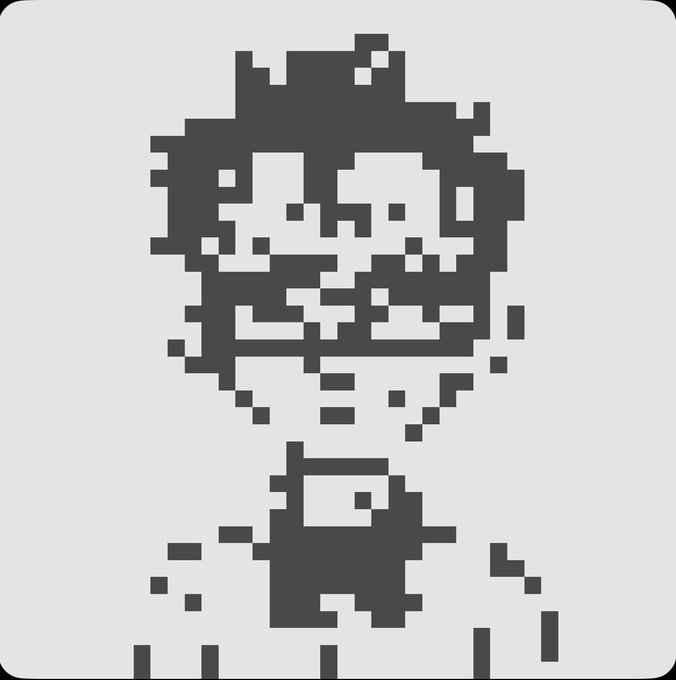 A pixel art illustration of a character with wild hair and a large, unsettling smile, rendered in grayscale.