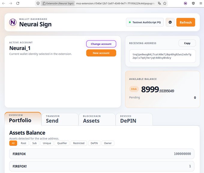 A Neurai Sign wallet dashboard showing an account "Neurai_1" with a receiving address, available balance of 8999.93395049 XNA, and asset balances including 100,000,000 FIREFOX and 1 FIREFOX!, illustrating the Firefox version of the Neurai extension referenced in the post.