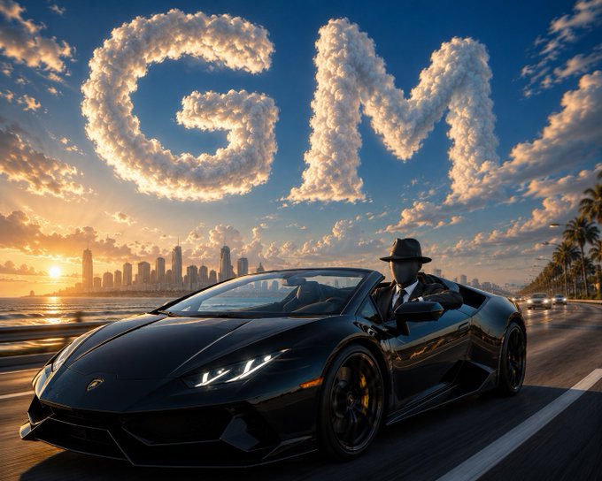 A digital illustration of a man in a black suit and hat driving a black Lamborghini convertible with the letters 'GM' formed by clouds in the sky above a coastal city at sunset.