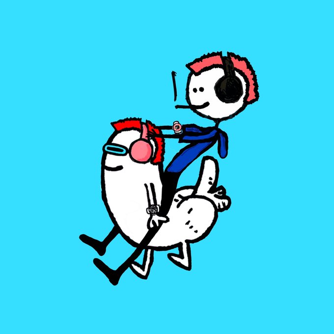 A cartoon doodle of a stick-figure character with red hair and headphones riding on the back of a white dog-like figure against a cyan background.