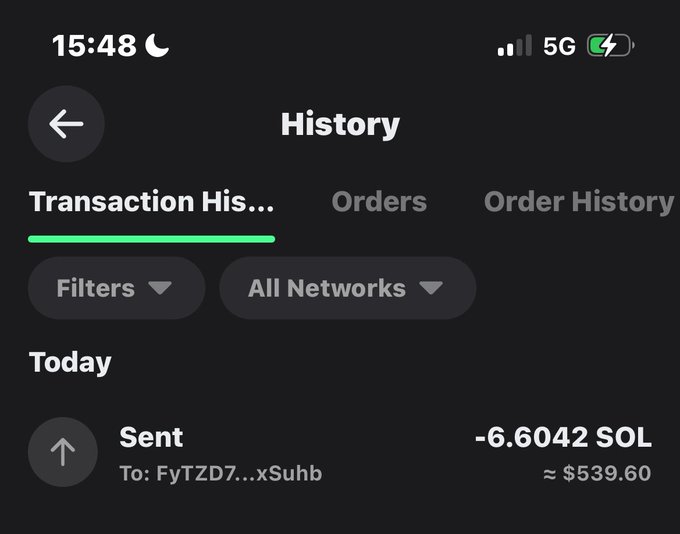 The image shows a transaction history screen displaying a "Sent" transaction of -6.6042 SOL (≈ $539.60) to the wallet address FyTZD7...xSuhb. This visually confirms the post's claim that the sender completed a "trust test" by transferring roughly $540 worth of SOL to demonstrate trustworthiness.
