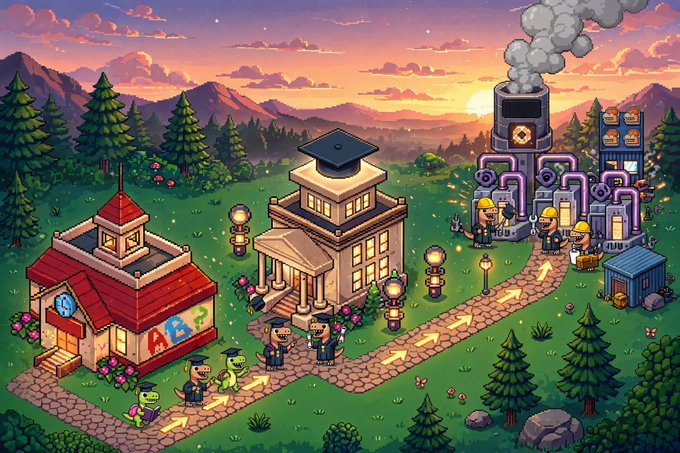 An isometric pixel art illustration of a colorful school campus at sunset, featuring a red-roofed ABC school building, a graduation-cap-topped university building, and an industrial factory with purple pipes and workers in hard hats.