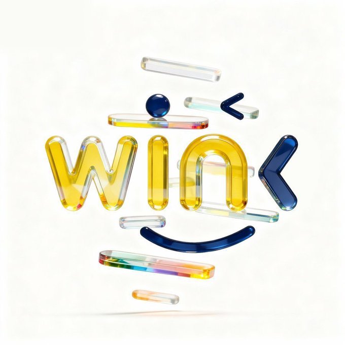 A colorful 3D rendered logo for 'Win' features yellow and blue letters surrounded by decorative geometric shapes on a white background.