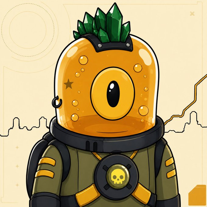 A cartoonish one-eyed yellow creature wearing a spacesuit with green crystal spikes on its helmet and a skull emblem on its chest, representing "Glorbiez" for its NFT mint launch with tiers priced at $0.10 (MP/GTD) and $0.50 (Public) in ETH.