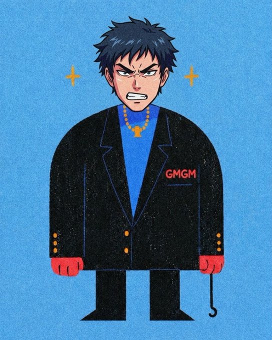An angry cartoon character with spiky black hair wearing a black blazer labeled "GMGM" stands against a blue background, holding a cane and a gold chain, with sweat and sparkles emphasizing his frustrated expression—mirroring the post's tone of being overwhelmed by the "gm" grind and NFT hustle with no time to relax.
