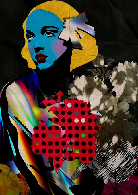 A pop-art style portrait of a blonde woman with a rainbow-hued silhouette, featuring glitch effects, a red perforated square, and floral elements overlaid on the composition.