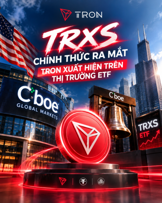 A promotional graphic announcing 'TRXS CHÍNH THỨC RA MẮT - TRON XUẤT HIỆN TRÊN THỊ TRƯỜNG ETF' featuring the TRON coin, a Cboe Global Markets building, an American flag, and a stock chart.
