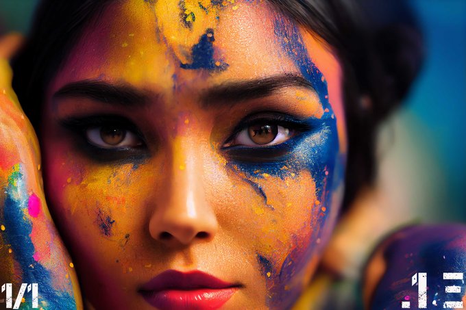 A close-up portrait features a woman's face adorned with vibrant splashes of yellow, blue, and pink paint, with the numbers '1/1' visible in the bottom corners.