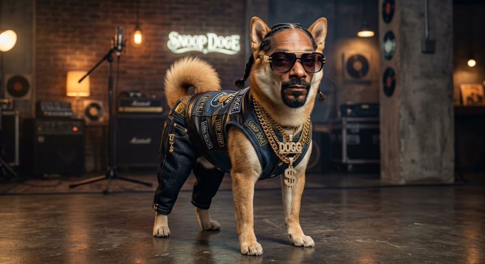 An AI-generated image of a Shiba Inu dog with a human face, wearing sunglasses, a leather vest, gold chains with a 'DOGG' pendant, and jeans, standing in a music studio with a 'Snoop Dogg' neon sign.