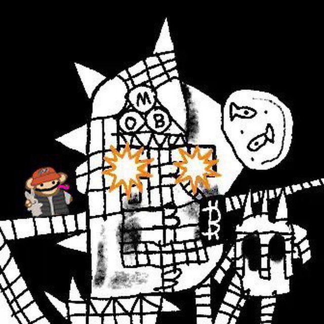 A chaotic black-and-white illustration featuring a grid-patterned figure with 'MOB' on its face, spiked protrusions, a moon, a character in a red hat, and a Bitcoin symbol, with orange explosion graphics.