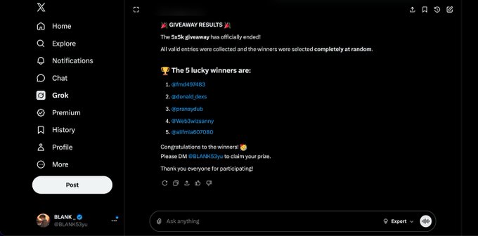 A Twitter/X post from @BLANKS3yz announcing giveaway results for a 5x5k event, listing five winners: @fmd497483, @donald_ioss, @prsnaydub, @WitchSwissamy, and @alfmia607080, instructing them to DM @BLANKS3yz to claim their prize.