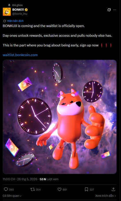 The image features an orange cartoon character with arms and legs, standing against a purple background that has clocks floating around it. The character appears to be holding up its hand as if giving a thumbs-up gesture. Below this image, there is a Twitter post from someone named @xhân xhân, which reads: "Bonk meme có trò gì nhỉ ae Những khóa phần thưởng, quyền truy cập độc quyền và các lượt kéo mà không ai khác có thưởng, join waitlist: waitlist.bonkcoin.com". The post is about the cartoon character and its connection to the Bonk coin hashtag on Twitter.
