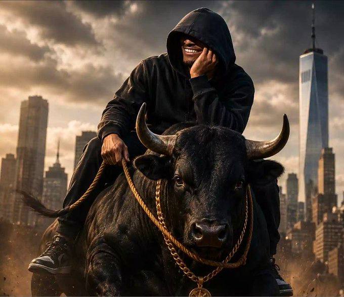 A hooded figure with a gold tooth smiles while riding a massive black bull adorned with a thick gold chain, set against the backdrop of the New York City skyline featuring One World Trade Center. The image visually reinforces the post's theme by symbolizing bull market dominance, wealth, and the "biggest" narrative—tying into the claim that $ANSEM represents a nine-figure meme empire that $DEALER extends as part of its "family" of community tributes.