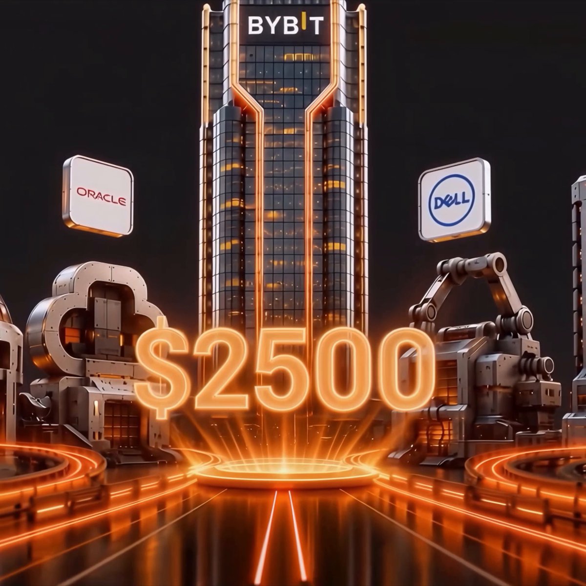 A glowing skyscraper bearing the "BYBIT" logo rises from a futuristic cityscape featuring Oracle and Dell branded towers and robotic machinery, with the prominent orange "$2,500" figure and radiant light beams illustrating the crypto exchange's AI-themed city-building campaign and leaderboard prize.
