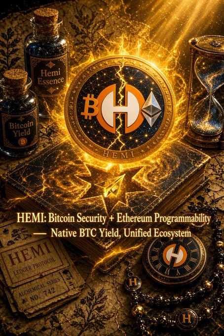 An alchemical-themed promotional graphic for HEMI: Bitcoin Security + Ethereum Programmability, featuring potions, an hourglass, and golden mystic imagery with "Native BTC Yield, Unified Ecosystem."