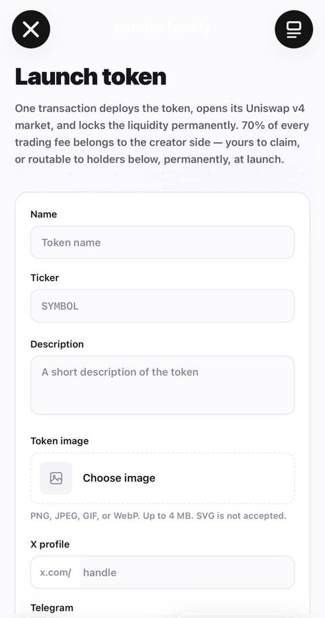 A mobile app screen titled 'Launch token' with form fields for Name, Ticker, Description, Token image, X profile, and Telegram, describing how one transaction deploys a token, opens a Uniswap v4 market, and locks liquidity permanently.
