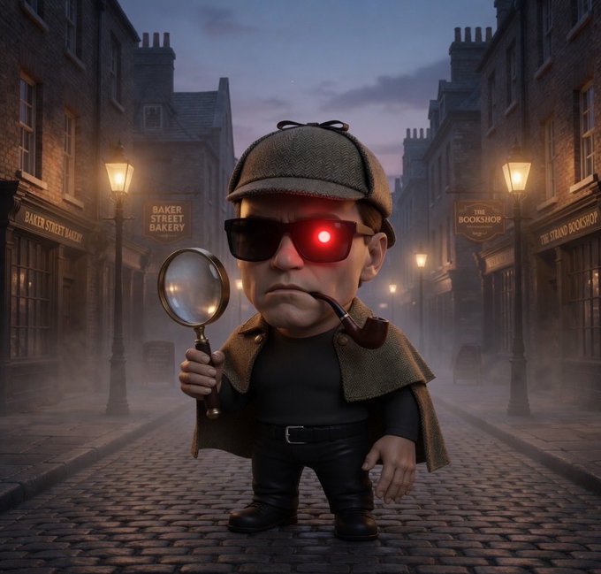 A cartoon character dressed as a detective with a deerstalker hat, dark sunglasses, and a glowing red eye holds a magnifying glass and pipe in a foggy street with signs for 'Baker Street Bakery' and 'The Bookshop'.