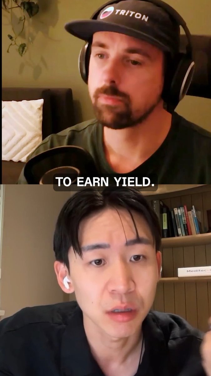 A split-screen video call screenshot showing two men, with the top person wearing a 'TRITON' cap and headphones, and the bottom person wearing earbuds in front of a bookshelf labeled 'Meditec'; the text 'TO EARN YIELD.' is overlaid in the center.