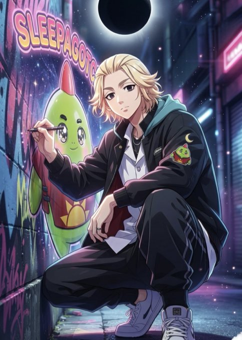 An anime-style blond character in a dark jacket crouches in a neon alley beside a green cartoon character and painted “SLEEPAGOG” lettering.