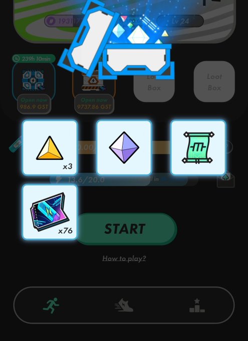 A screenshot from a mobile game showing a rewards screen with various items including yellow triangle pieces, a purple octahedron, a scroll, and a glowing blue book (x76), above a 'START' button.