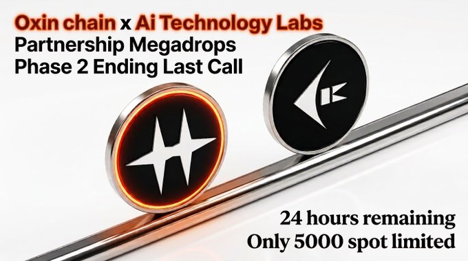 A promotional graphic announcing the final hours of Phase 2 of the Oxin Chain × AI Technology Labs partnership airdrop, featuring their branded logos alongside the text "Partnership Megadrops Phase 2 Ending Last Call" and "24 hours remaining, Only 5000 spot limited," matching the post's urgency about the closing window to claim 12 $OXIN + 300 $ATL rewards.