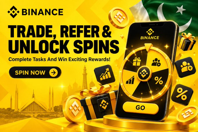 A Binance promotional banner for Pakistan featuring 'TRADE, REFER & UNLOCK SPINS' with a spinning prize wheel on a smartphone and a Pakistani flag in the background.