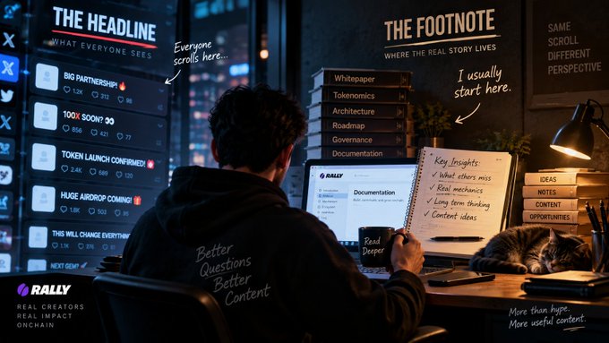 The image shows a person working at a desk with a laptop and notes, surrounded by two large screens displaying contrasting content: "THE HEADLINE" with typical X (Twitter) crypto posts on the left, and "THE FOOTNOTE" with reference books like "Whitepaper," "Tokenomics," and "Architecture" on the right, alongside handwritten "Key Insights" notes. Handwritten annotations emphasize "Everyone scrolls here..." on the left and "I usually start here" on the right, with the tagline "Better Questions, Better Content" and the "RALLY - Real Creators Real Impact Onchain" logo at the bottom.

The image illustrates the post's message by visually contrasting the sensationalized headlines most Web3 creators focus on (left screen of hype-y tweets like "BIG PARTNERSHIP" and "TOKEN LAUNCH CONFIRMED") versus the deeper technical foundation (whitepapers, tokenomics, documentation) that the creator prioritizes to produce more thoughtful, substantive content.