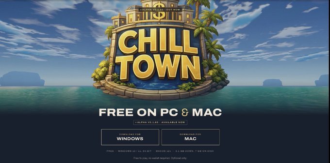 A promotional graphic for 'Chill Town' video game, marked 'FREE ON PC & MAC', featuring a tropical island logo with palm trees and download buttons for Windows and Mac.