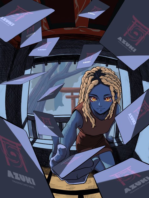 Anime-style artwork of a blue-skinned character with blonde braided hair surrounded by floating 'AZUKI TRADING CARD GAME' cards featuring a torii gate in the background.