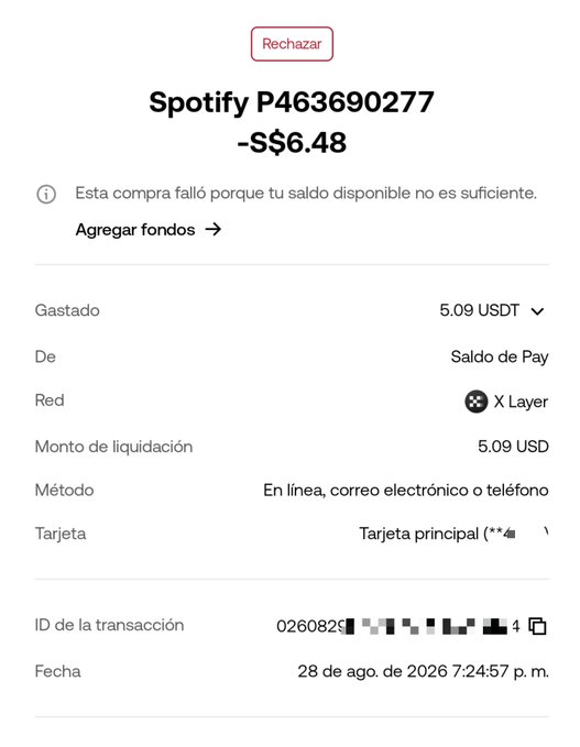 A screenshot of a rejected transaction on OKX showing a failed Spotify purchase of S$6.48 (Singaporean dollars) that would have converted to 5.09 USDT, demonstrating the favorable exchange rate between S$ and USDT on the platform. The transaction failed due to insufficient balance, as indicated by the "Rechazar" (Reject) status and the prompt to "Agregar fondos" (Add funds).