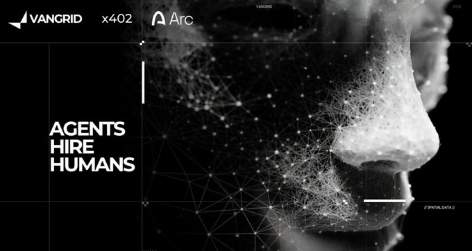 A VANGRID × 402 Arc promotional image featuring a wireframe human face profile and the slogan 'AGENTS HIRE HUMANS' in stark black and white.