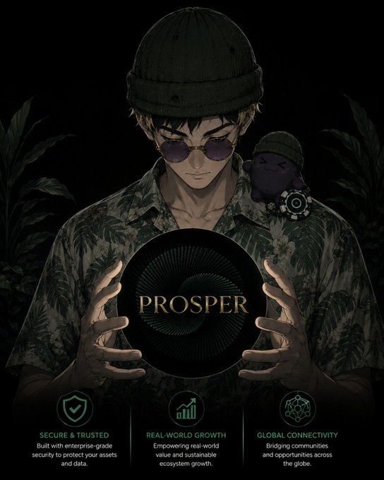An anime-style promotional illustration for 'PROSPER' featuring a character in a beanie and sunglasses holding a glowing logo, highlighting features like 'Secure & Trusted', 'Real-World Growth', and 'Global Connectivity'.