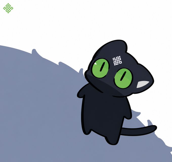 A cartoon illustration of a black cat with large green eyes featuring vertical slit pupils, with a small QR-code-like symbol on its forehead, standing against a blue-gray silhouette of a reclining figure.