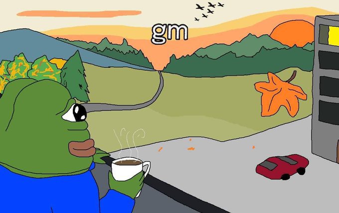 A cartoon Pepe the Frog stands holding a steaming cup of coffee, looking out over a sunny landscape with a sunset, flying birds, and a red car on the road below, with the text "gm" displayed in the sky—matching the post's cheerful "gm" greeting and weekend vibe while keeping focus on the $NomismaNetwork project.