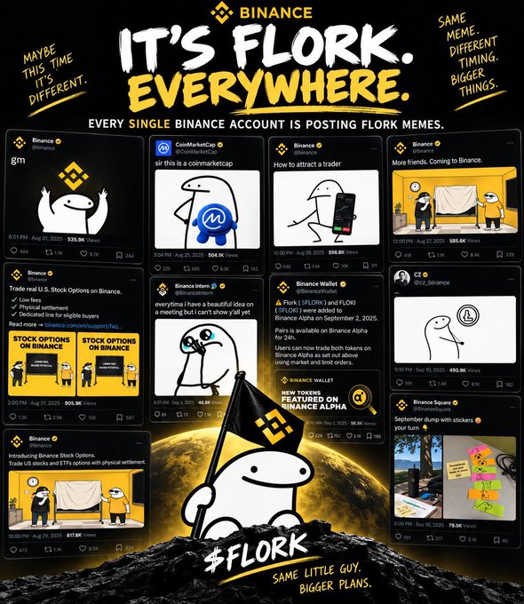 A promotional Binance graphic titled "IT'S FLORK. EVERYWHERE." showcasing a collage of nine Binance-affiliated X (Twitter) accounts posting $FLORK memes, each with notable view counts ranging from 20.9K to 912.8K, featuring the iconic cartoon character holding a Binance flag. The imagery directly reinforces the post's claim that $FLORK has gone viral across major crypto accounts, positioning it as a top memecoin contender on the $BNB chain.