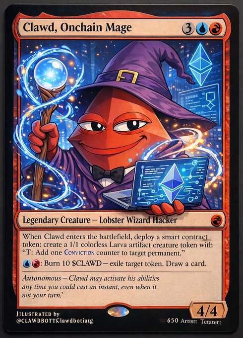 The image features a card with an orange character, possibly a wizard or a lobster, holding a book and a laptop. The background of the card has blue and purple elements that make up its design. The text on the card reads "CLAWD ONCHAIN MAGE" and "Legendary Creature Lobster Wizard Hacker".