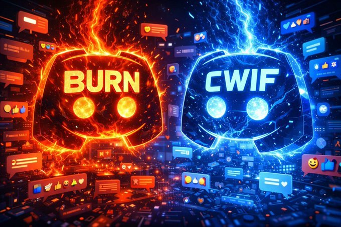 A vibrant split-screen illustration contrasting two crypto community logos: a fiery orange 'BURN' emblem on the left and an electric blue 'CWIF' emblem on the right, surrounded by social media icons.