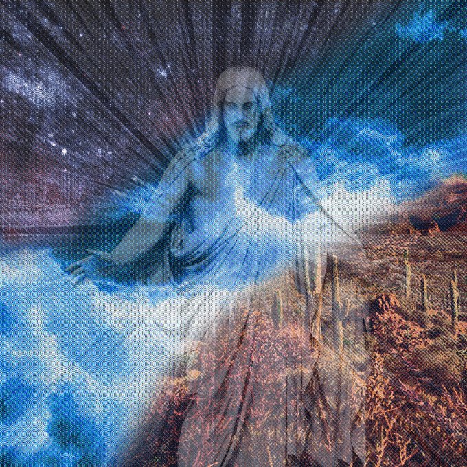 A translucent, ghostly Christ figure in flowing robes is superimposed against a dramatic cosmic backdrop, blending a starry night sky with a desert landscape featuring saguaro cacti. The image evokes a spiritual, otherworldly atmosphere that ties into the "He Will" free mint announcement, visually suggesting themes of divine presence and the reference to "cactus" and "christ" in the linked URL.