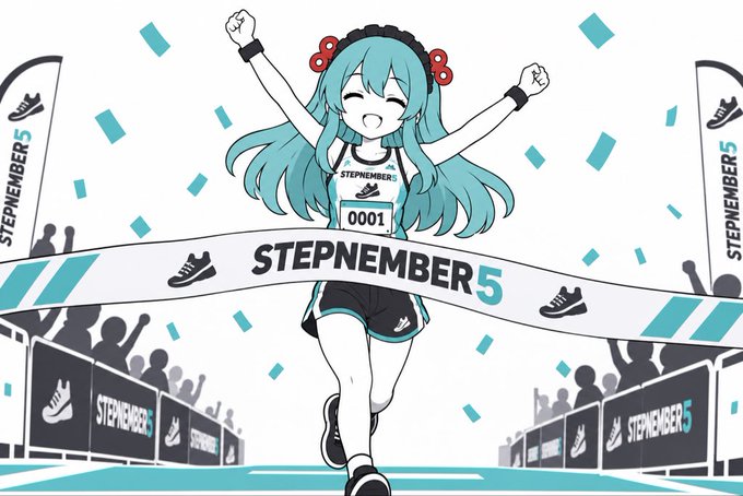An anime-style illustration of Hatsune Miku crossing a finish line banner with arms raised in victory.