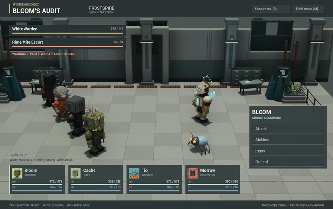 A video game battle scene from 'MYSTERIOUS DOCK02 BLOOM'S AUDIT' in Frostspire, showing characters including Bloom, Cache, Tio, and Morrow with a menu offering Attack, Abilities, Items, and Defend options.