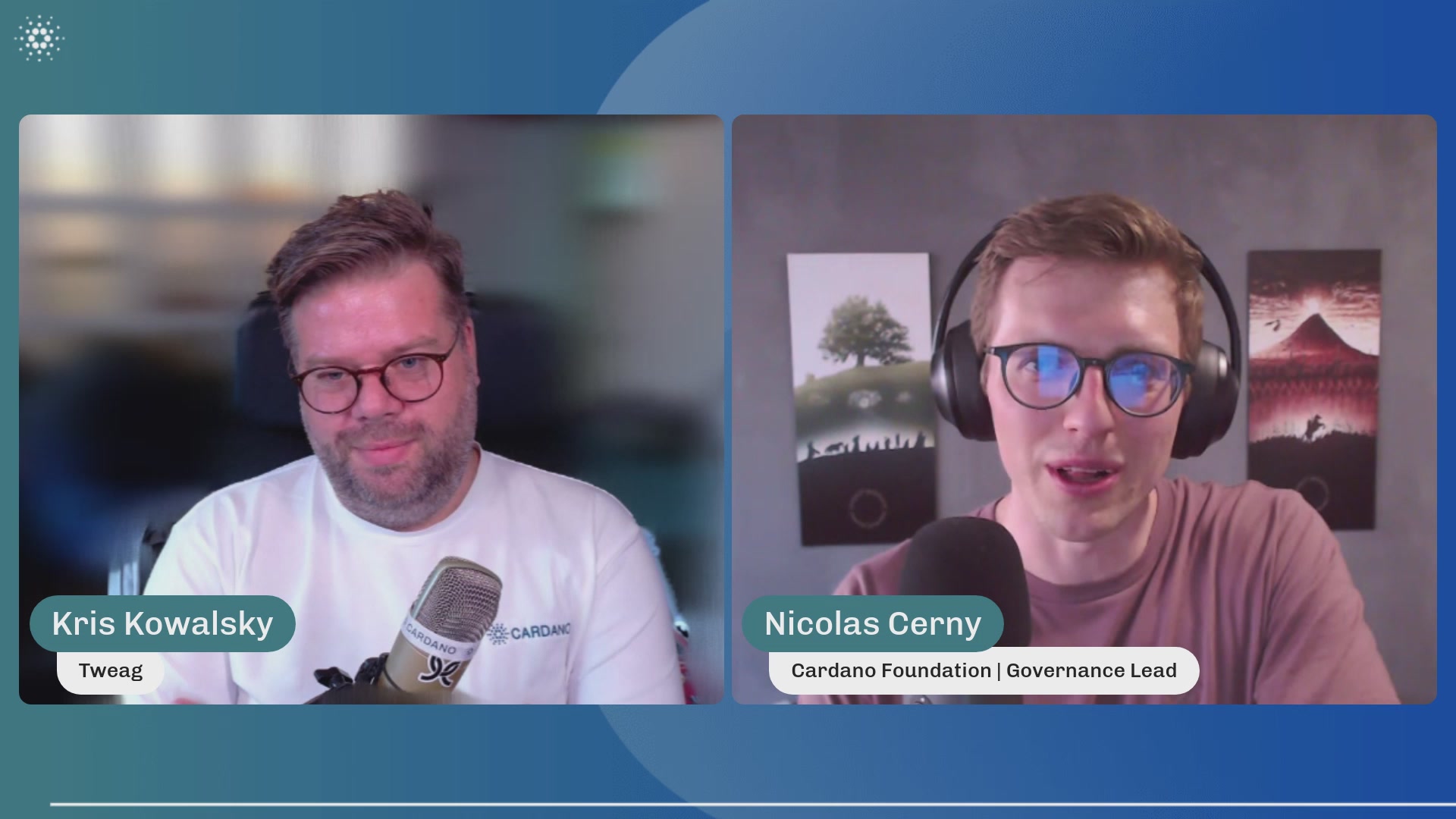 The image shows two men wearing glasses, one of whom has a microphone attached to his ear. They are both sitting at a table with microphones placed behind them. The background features a blue wall with three pictures hanging on it. The text "Governance Hour" is visible in the image, and the caption reads "Tweag's Core Cardano Infrastructure - Treasury Withdrawal 2026-2022".