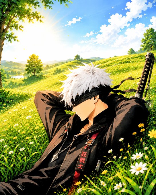 An anime-style illustration of a white-haired character wearing a black blindfold, black coat, and a sword on their back, resting in a sunny green field with flowers. A vertical red tag on the coat reads '狂戦士' (Berserker) with the artist's signature '侍' visible.