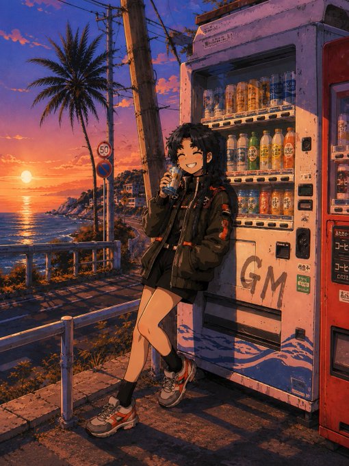 An anime-style illustration depicts a smiling young woman with black hair drinking from a can in front of a vending machine at sunset, with a coastal road and palm tree in the background.
