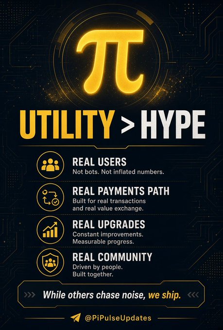 A promotional graphic for Pi cryptocurrency featuring the Pi symbol and the text 'UTILITY > HYPE', listing points like 'REAL USERS', 'REAL PAYMENTS PATH', 'REAL UPGRADES', and 'REAL COMMUNITY', with a Twitter handle '@PiPulseUpdates' at the bottom.