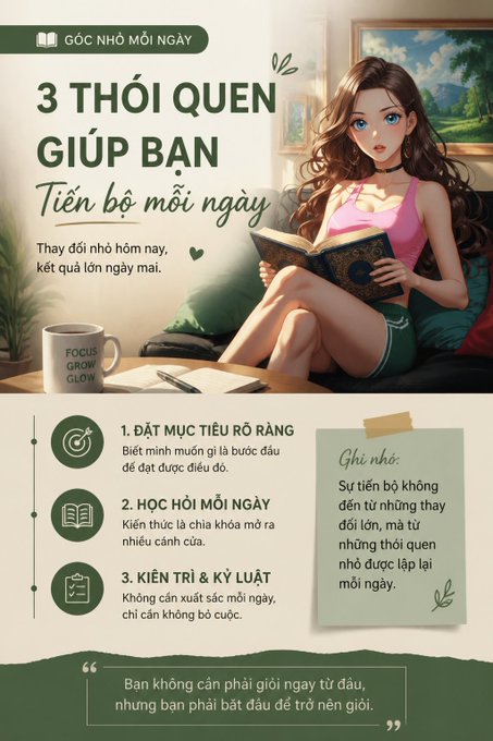 An illustrated infographic in Vietnamese titled "3 THÓI QUEN GIÚP BẠN Tiến bộ mỗi ngày" features a woman reading a book and lists habits like "ĐẶT MỤC TIÊU RÕ RÀNG" and "HỌC HỎI MỖI NGÀY" with the text "FOCUS GROW GLOW".