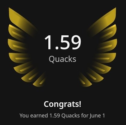The image features a gold-colored trophy with a bird's wing design, symbolizing achievement or success. The text "congrats" is written below the trophy, indicating that someone has accomplished something noteworthy. The trophy appears to be made of metal, possibly gold in color, and it is placed against a black background. The post also includes information about how many Quacks were earned on @wallchain in one day, which is 1.59 Quacks.