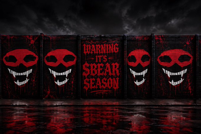 A dark graphic with red skulls painted on walls and a central sign reading 'WARNING IT'S $BEAR SEASON'.